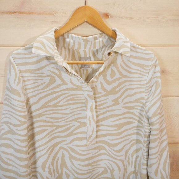 Chico's size 0 Women's S Tunic Top Beige Zebra 1/4 Button Collared Neutral Shirt - Picture 2 of 11